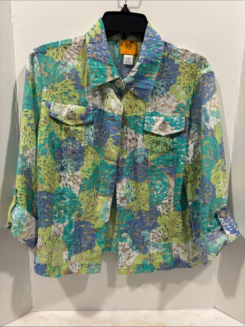 Rafaella Floral Button-Front Casual Shirt Jacket in Green and Blue